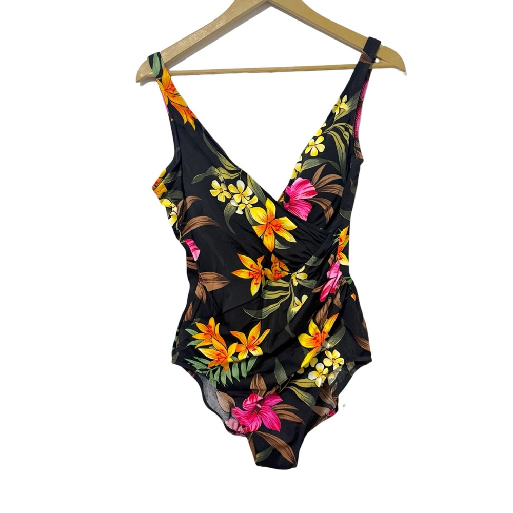 Miraclesuit Black Tropical Floral One-Piece Swimsuit with Yellow & Pink Blooms